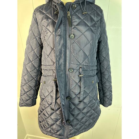 French Connection women's hooded longline quilted parka in navy blue Size S - Picture 4 of 7